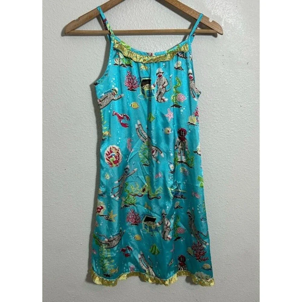 NICK & NORA Nightgown Dress Girls L 12 Blue Satin Slip Under The Sea Water